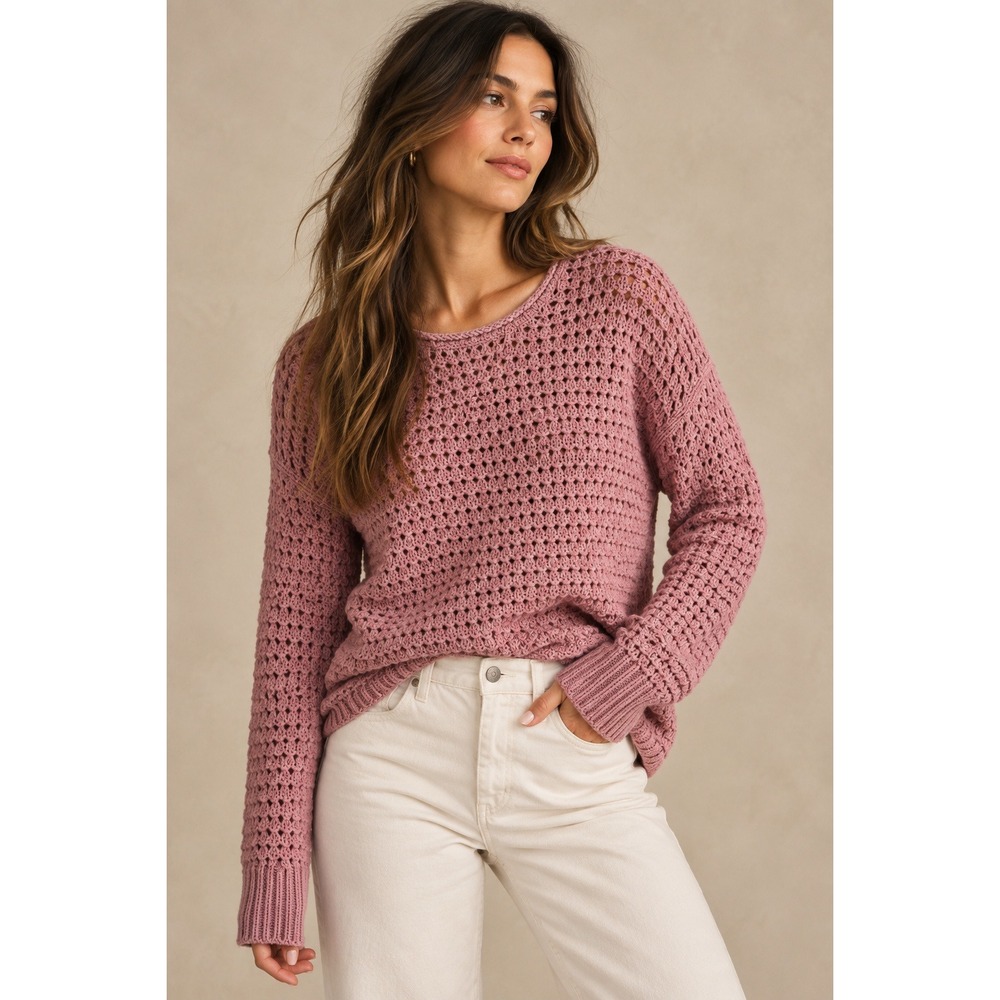 Madewell Womens L Open Knit Crewneck Sweater Rose Pink Crochet Mesh Pullover